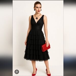 Maggy London Black Tiered Tulle Whimsigoth Silk Wedding Cocktail Midi Sz 6 Dress